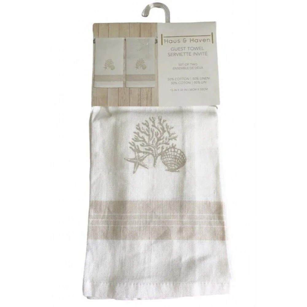 Haus & Haven Guest Towels Set of 2 Coastal Shell Cotton Linen 50/50 Blend